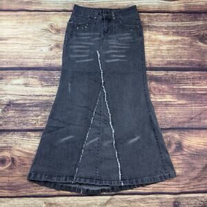 Vintage Younique Denim Flare Skirt Y2K Midi Long Medium Wash Raw Size 3 (27x36)